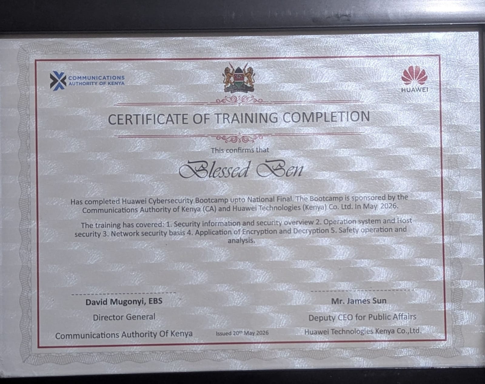 Huawei Cybersecurity Bootcamp certificate